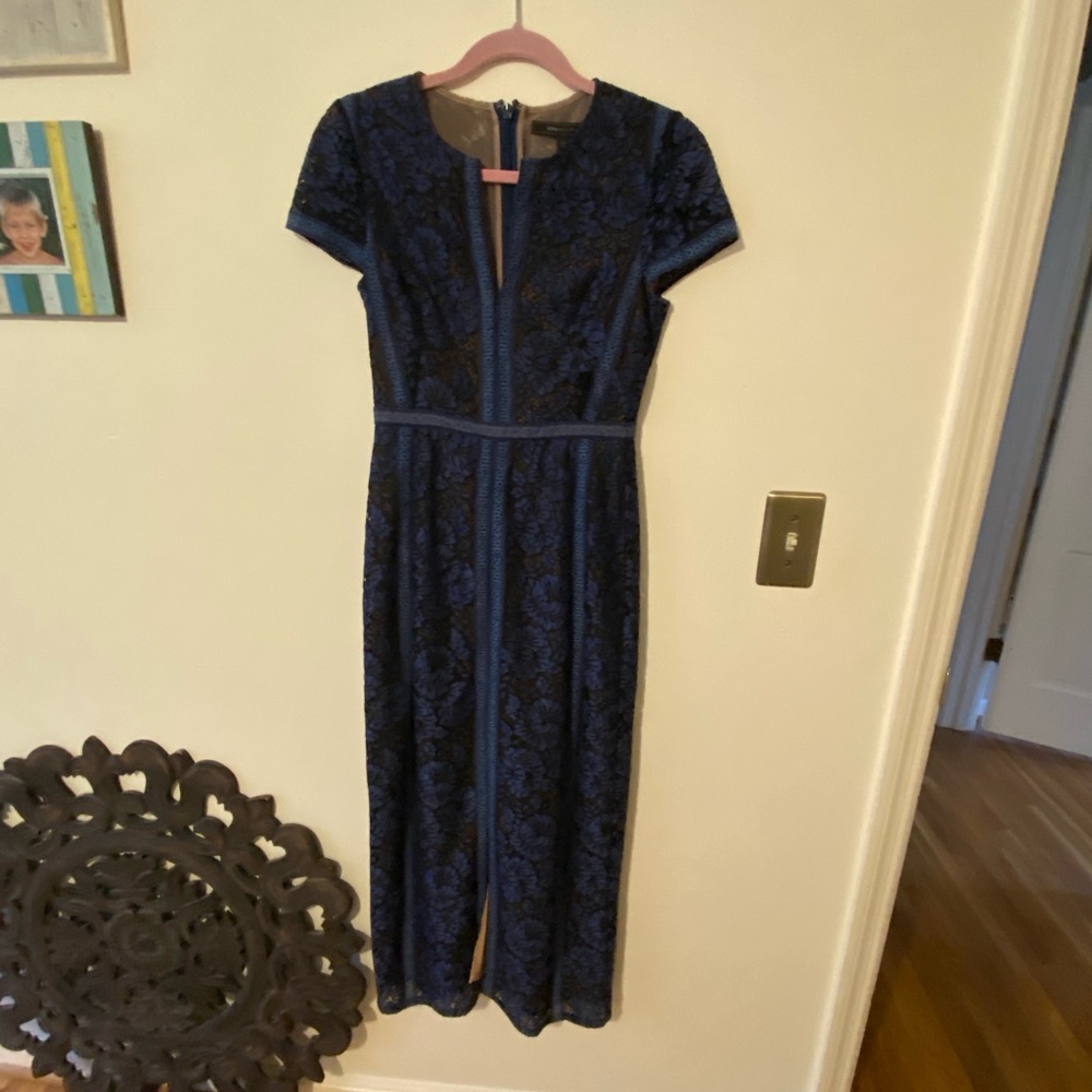 BCBGMaxAzria Navy Blue Lace Maxi Dress with Cap Sleeves - Picture 3 of 15